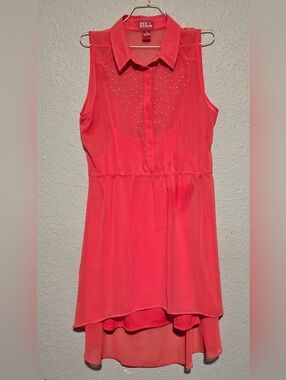 Red Hinge Sleeveless Collared Hi-Low Dress with Stud Accents